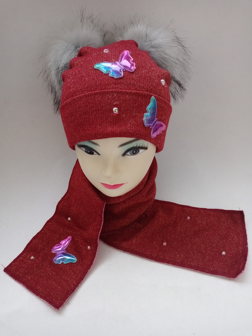 Шапка з шарфом дівчинка-підліток зима червоний
