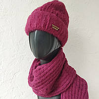 Зимовий комплект шапка на флісі та шарф, малиновий