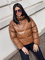 Жіноча зимова шкіряна куртка коротка на блискавці з коміром-стійкою (р.S-L) 22KU917