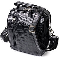 Небольшая мужская сумка-мессенджер KARYA 20941 Черная. Натуральная фактурная кожа