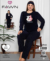 Флисова женская пижама с махрой большие размеры Fawn котики синяя