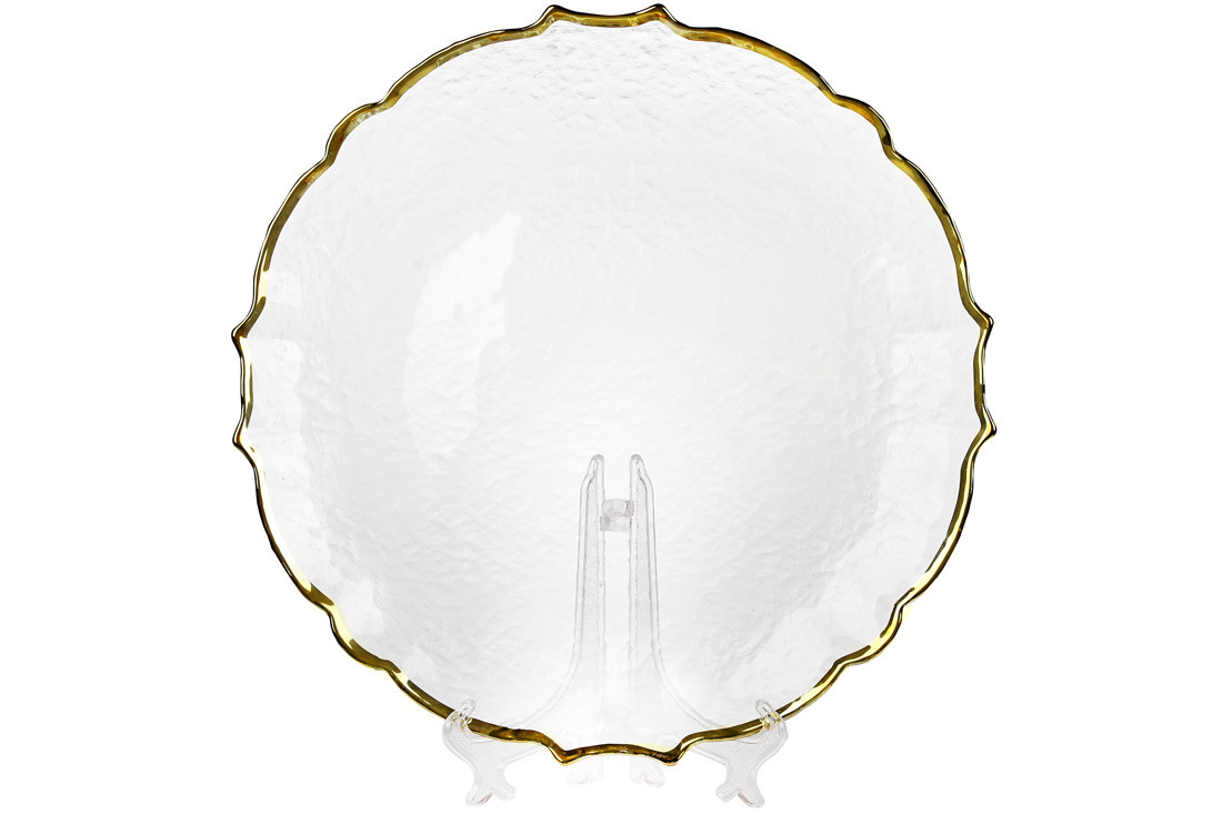 Набір (4шт.) сервірувальних тарілок Adele, рельєфне прозоре скло із золотою облямівкою 33см., фото 1