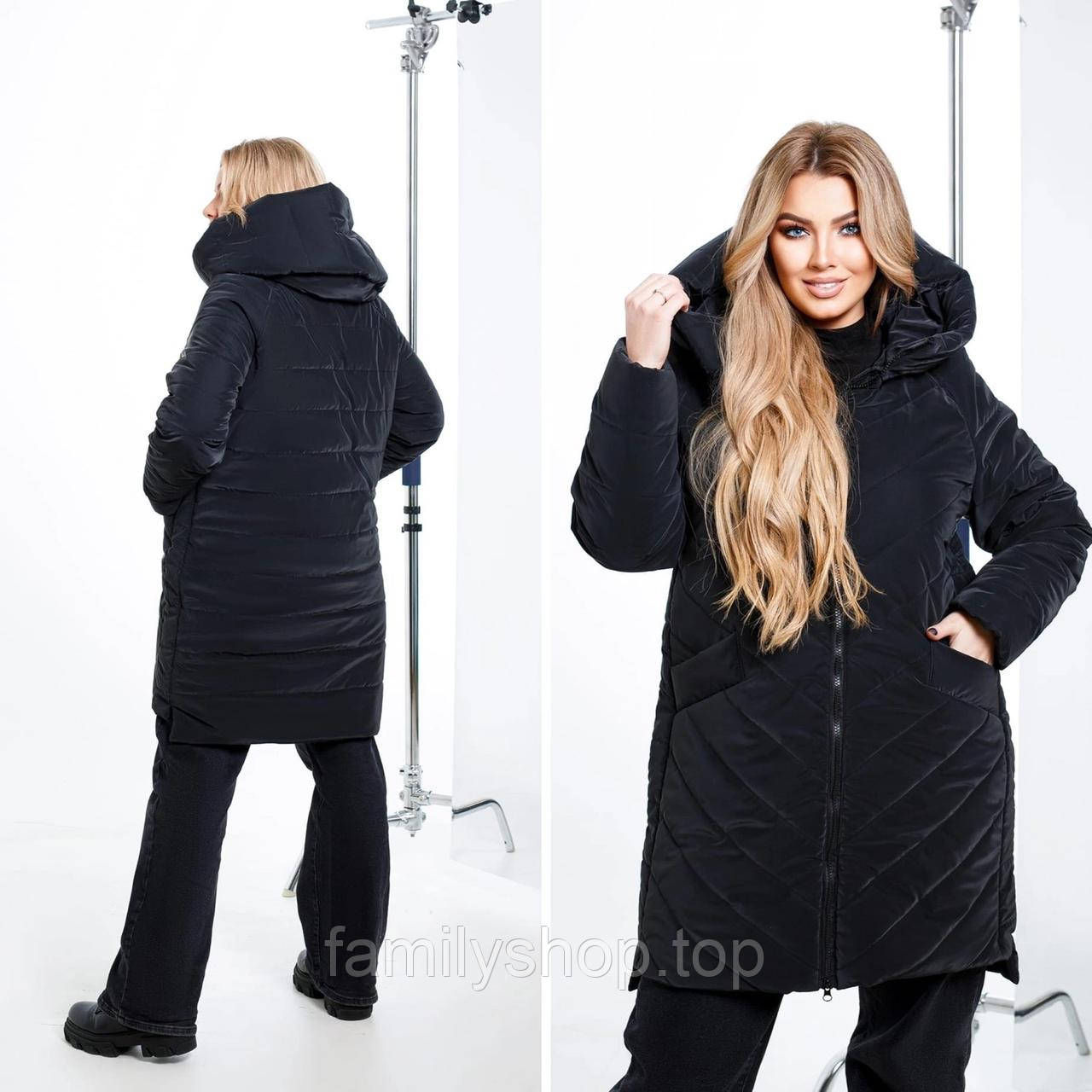 Тепла зимова куртка жіноча на силіконі стьобана з капюшоном, великий розмір 50/52, 54/56 у різних кольорах