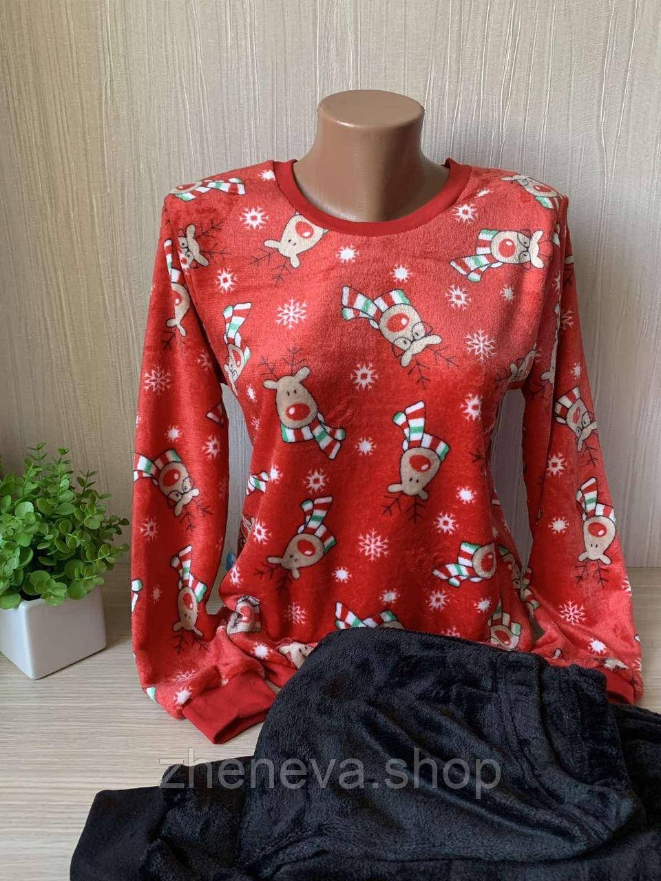 Жіноча махрова тепла пухнаста Новорічна піжама "Олені", тканина вельсофт, домашній костюм, розмір 54-56, фото 1