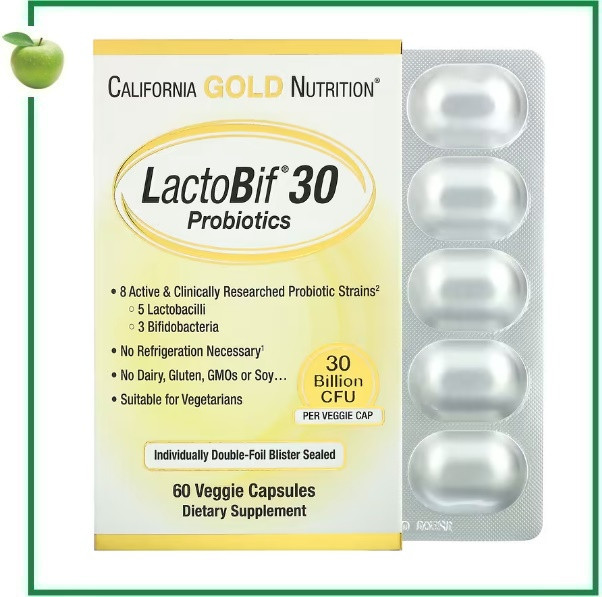 LactoBif, пробіотики, 30 млрд КУО, 60 рослинних капсул, California Gold Nutrition, США