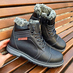 Зимові зимні  дітячі черевики для хлопчика шкіряні чорні на хутрі 35-37 розмір,чоботи дитячі зимні шкіряні для хлопчика