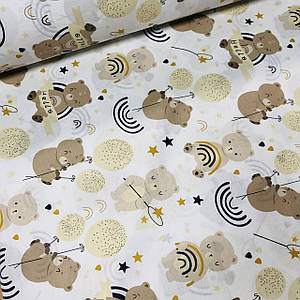 Тканина поплін ведмедики бежеві з кульками та веселкою на білому (ТУРЦІЯ шир. 2,4 м) (R-FR-0627)
