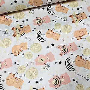 Тканина поплін ведмедики пудрові з кульками та веселкою на білому (ТУРЦІЯ шир. 2,4 м) (R-FR-0628)