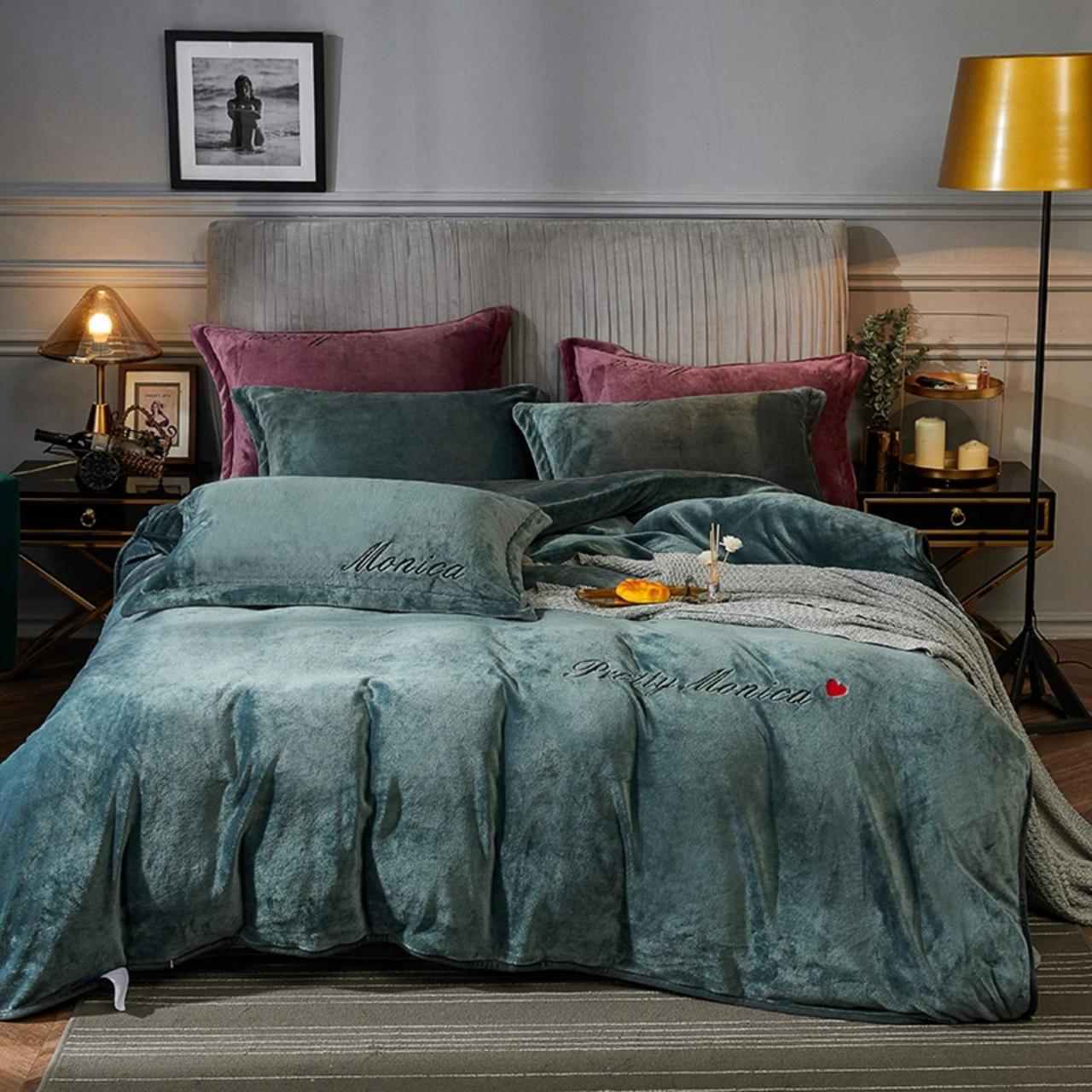 Тепла постільна білизна з велюру Monica євро розмір - бірюзовий