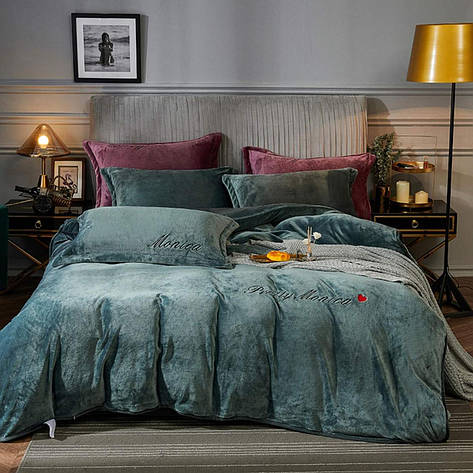 Тепла постільна білизна з велюру Monica євро розмір - бірюзовий, фото 1