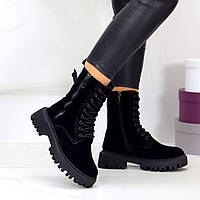 Женские зимние ботинки-берцы замшевые модные молодежные черные натуральная замша