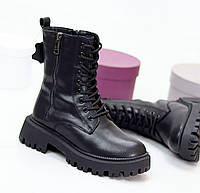 Женские зимние ботинки-берцы кожаные модные молодежные черные натуральная кожа