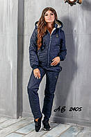 Лыжный утепленный зимний женский костюм на овчине и синтепоне 42-56 размеры Темно-синий, 48