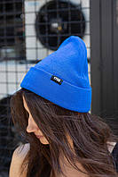 Жіноча шапка Label синя, тепла зимова шапка, універсальна жіноча шапка