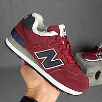 Зимние бордовые замшевые женские кроссовки New Balance 574 Люкс