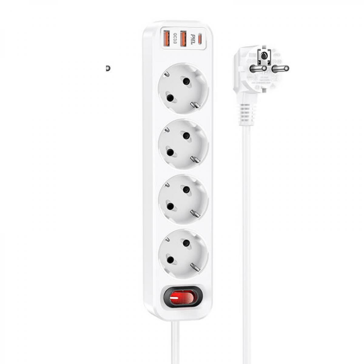 Подовжувач мережевий HOCO Aura 4-bit extension NS1, 2USB, Type-C, 4 розетки, 4000W, 20W, QC, 1.8 м, White, фото 1