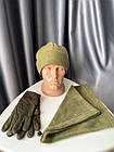 Чоловічий комплект 3в1 шапка баф і рукавички флісовий хакі зимовий для військових ЗСУ армійський, фото 3