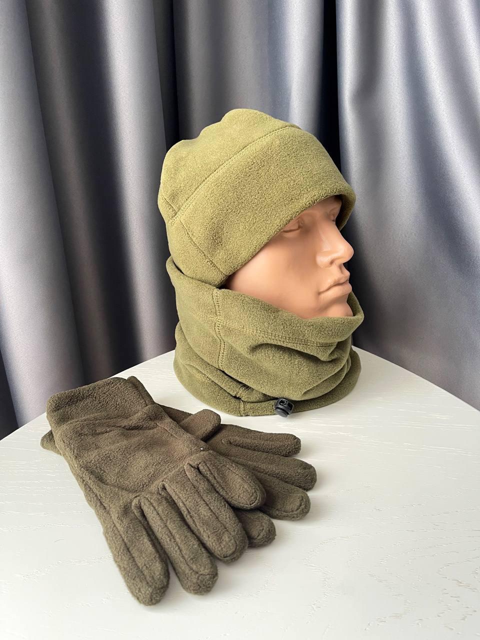 Чоловічий комплект 3в1 шапка баф і рукавички флісовий хакі зимовий для військових ЗСУ армійський