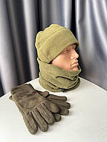 Мужской комплект 3в1 шапка бафф и перчатки флисовый хаки зимний для военных ЗСУ армейский
