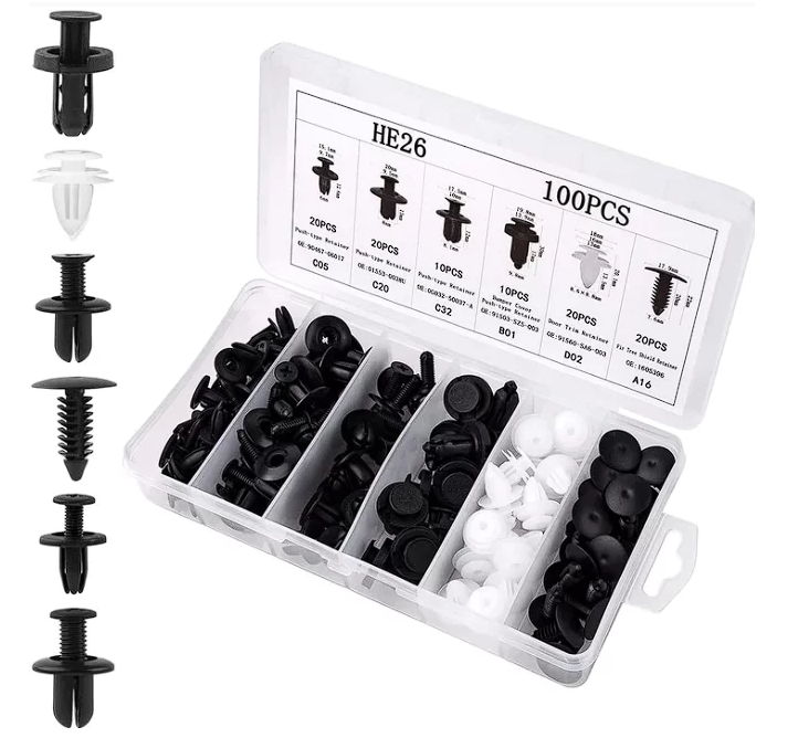 Кліпси автомобільні, универсальний набір кліпс для авто в надійному кейсі 100 шт, фото 1