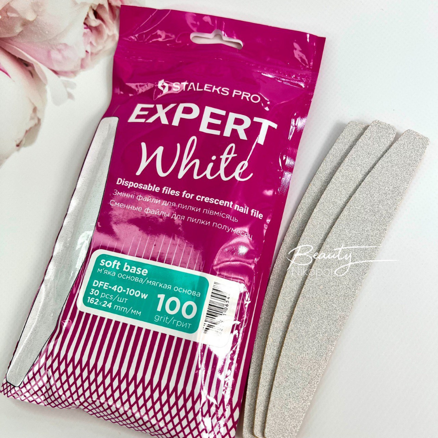Змінні білі файли для пилки півмісяць на м'якій основі Staleks Pro EXPERT 40, 100 грит (30 шт), фото 1