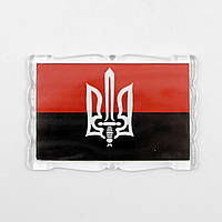 Патриотический Магнит фигурный Герб УПА 5,2 см на 7,8 см, на фоне красно-черного прапора, украинский сувенир