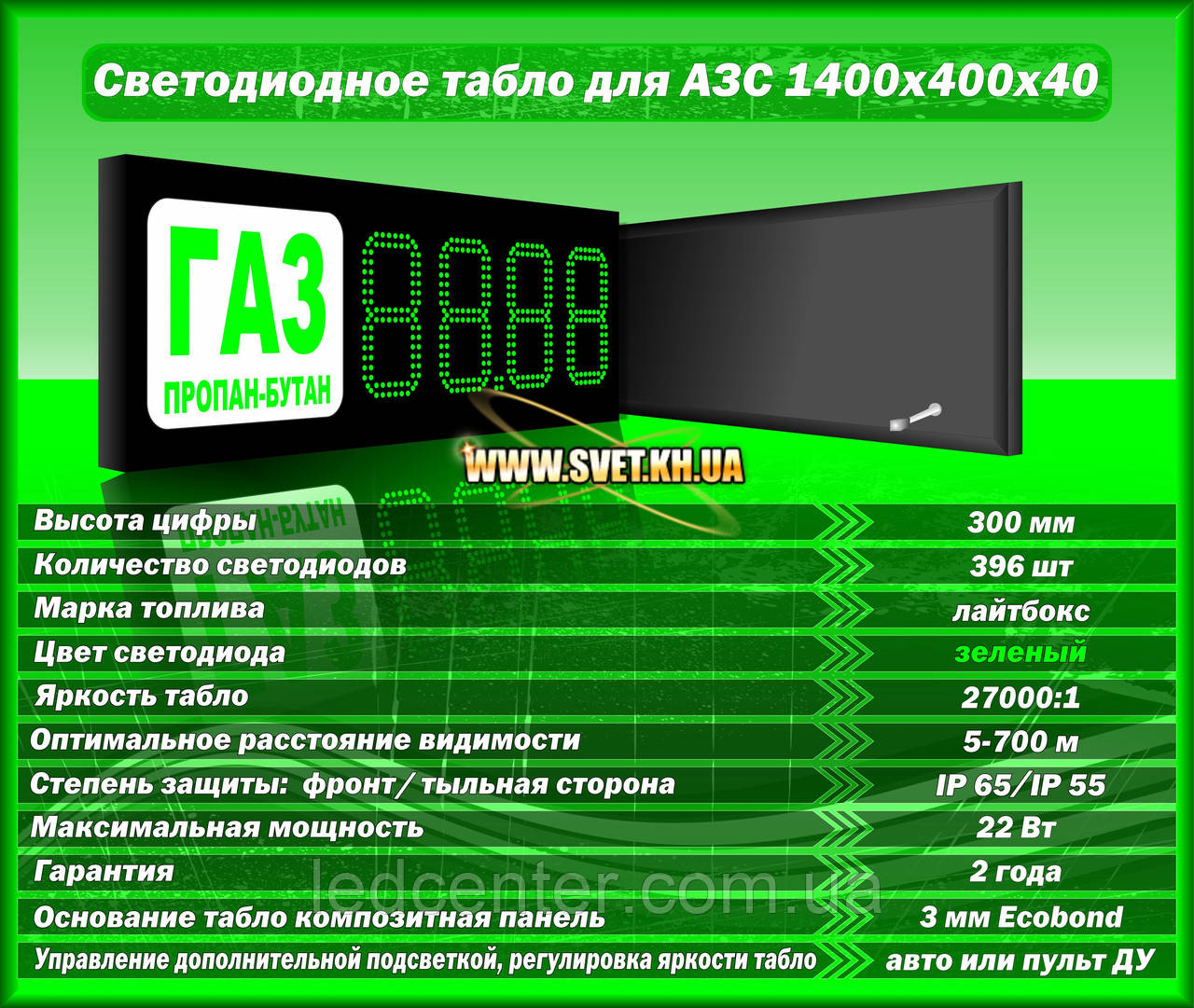 Табло для АЗС 1400x400x40 на зелених матових світлодіодах