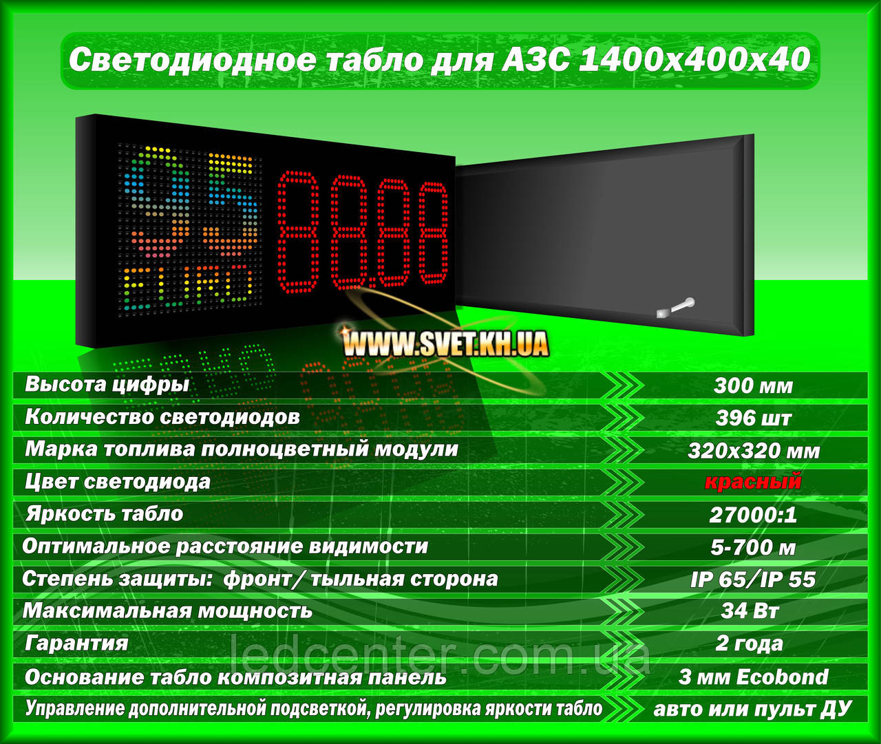 Табло для АЗС 1400x400x40 на червоних матових світлодіодах, фото 1