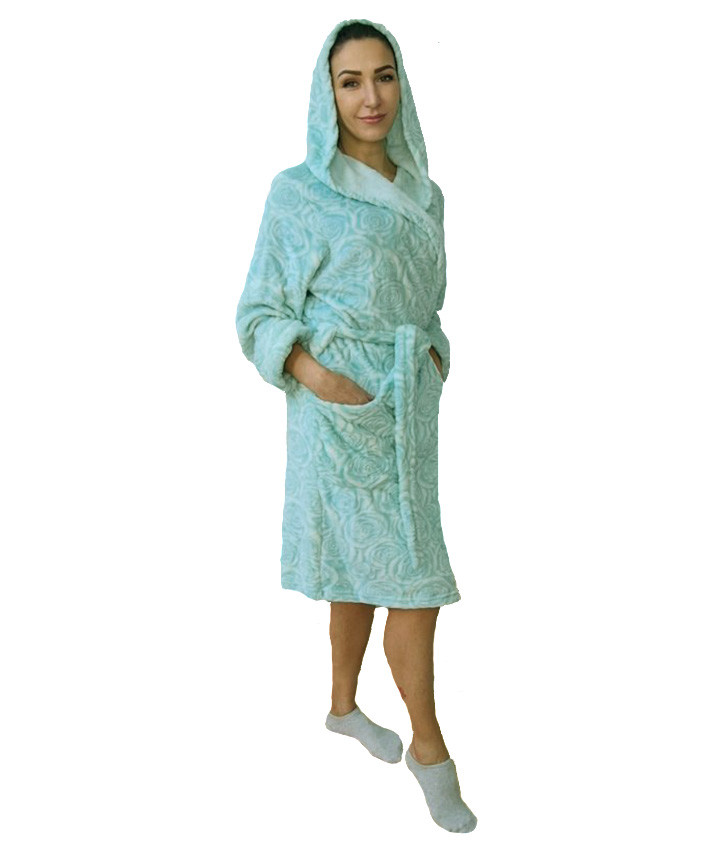 Халат жіночий махровий із капюшоном, зимовий жіночий халатик вельсофт на запах