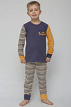 Дитяча піжама для хлопчика тепла бавовна Roksana FAMILY TIME 1284 синьо-жовтий принт у смужку