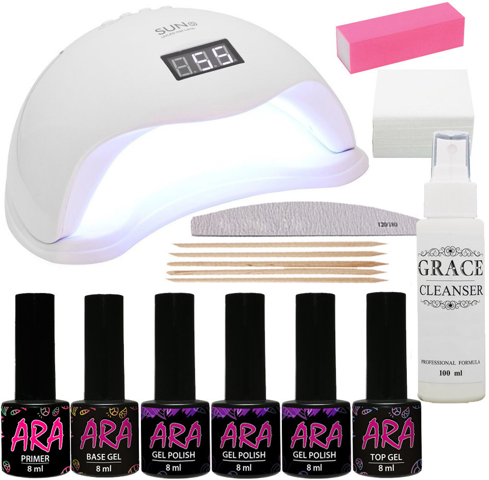 Набір для покриття нігтів гель-лаком Ara Старт + лампа SUN 5 UV/LED 48W White AVADONA