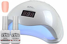 Набір лампа для манікюру SUN 5 для гель лаку UV/LED 48W + Камуфлююча база №1 + Топ Grace 8 мл AVADONA