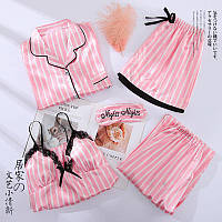 Комплект шелковый в полоску для сна, дома из 5 предметов. Пижама женская в стиле VS, размер L (розовый)