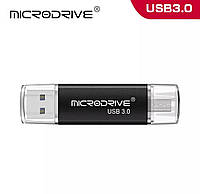 Флеш накопитель 64 GB 3в1 OTG micro usb + переходник в подарок Type-c 3.0 Microdrive Чёрный