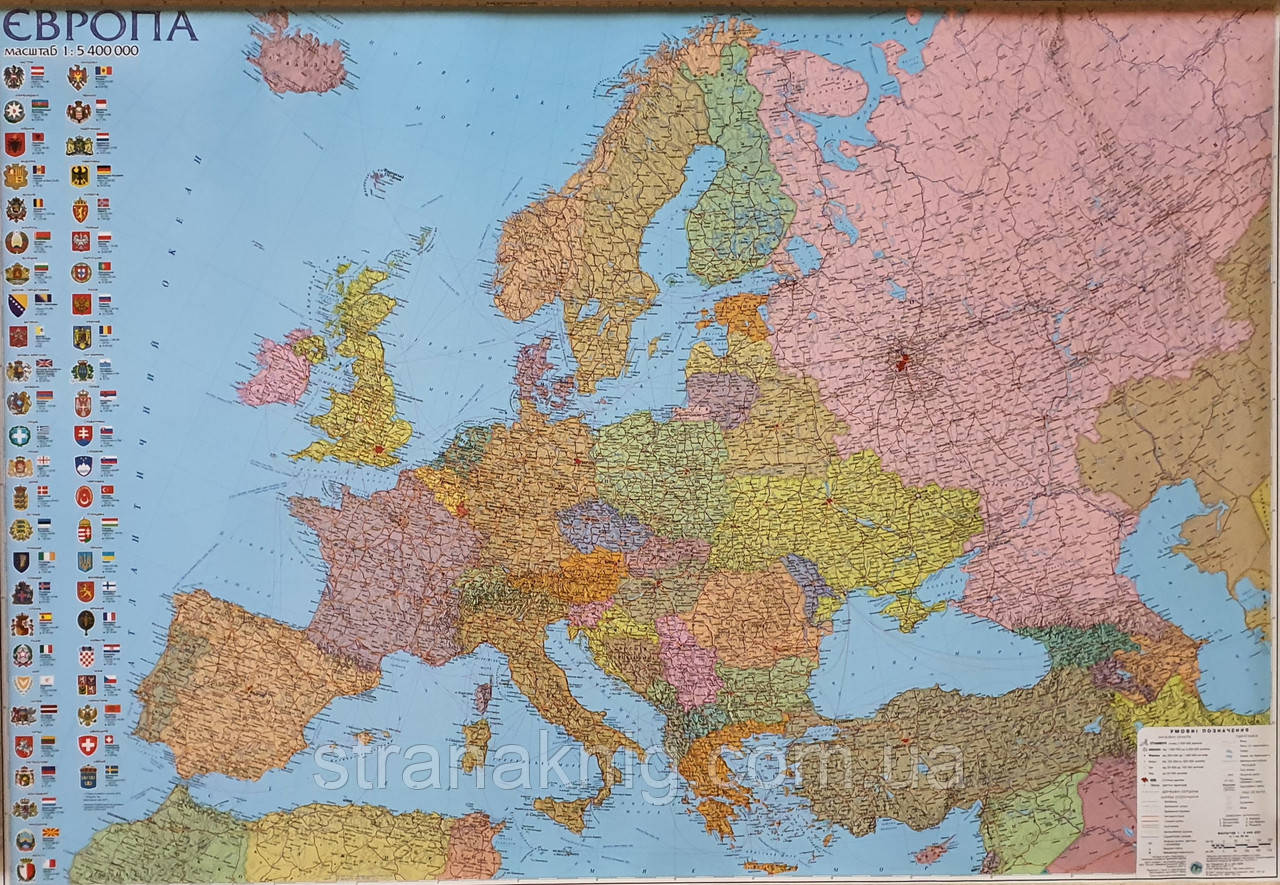 Політична мапа Європи настінна. 110х77см. Картон Лак ІПТ (українською мовою)