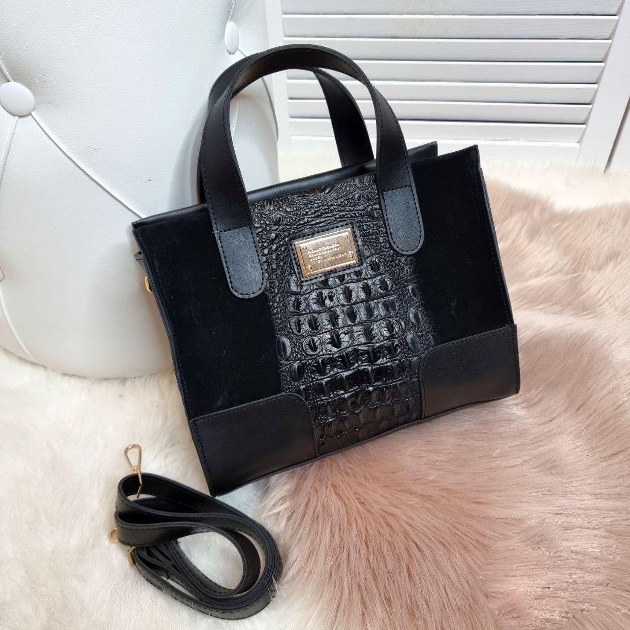 Модна жіноча сумка невелика стильна сумочка молодіжна чорна замша+екошкіра, фото 1