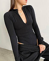 Боди женский с длинными рукавами и молнией белый/черный ткань : микродайвинг Мод : 1353