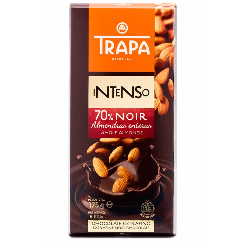 Шоколад черный с миндалем Trapa Intenso 70% Noir Almendras с сахаром без глютена 175 г Испания - фото 1 - id-p1691101989