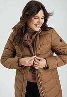 Стеганная женская демисезонная куртка (пальто) Volcano коричневая, с капюшоном 3XL