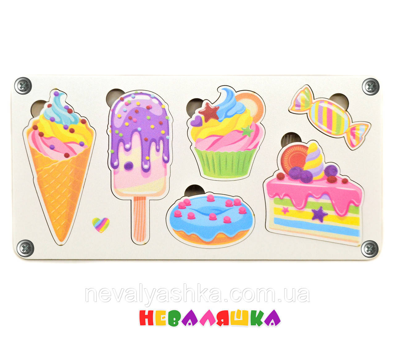 Кольорові Заготовки для Бізіборду Дерев'яні Солодощі 22 см Рамка Вкладиш 6в1 Сортер із ЛДВП, фото 1