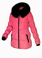 Куртка пуховик женский, натуральный пух, натуральный мех, капюшон Mirage Коралловый Размер 50