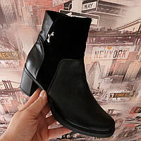 Ботинки женские демисезонные кожаные чёрные комбинированные на каблуке 6 см размер 39 Foot step код-(46)