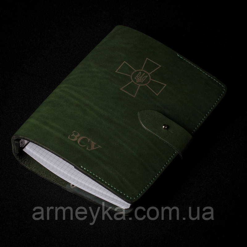 Блокнот, Щоденник А5 (ручної роботи), ЗСУ, зелений, натуральна шкіра, UA