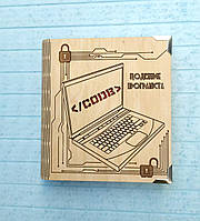 Деревянный блокнот "Дневник программиста"(на цельной обложке с ручкой), ежедневник из дерева блокнот