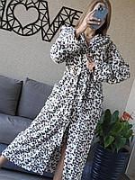 Жіночий теплий махровий леопардовий довгий халат із поясом