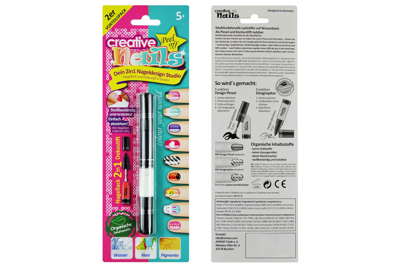 Дитячий лак-олівець для нігтів Malinos Creative Nails на водній основі (2 кольори чорний + білий)