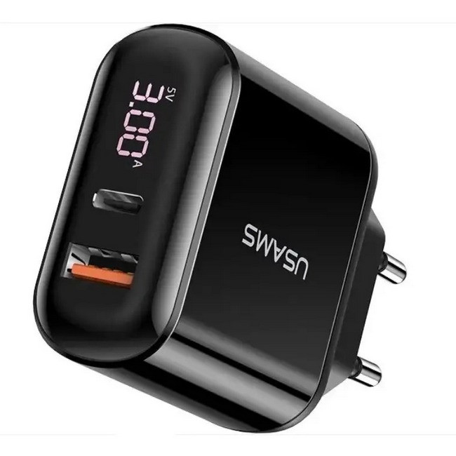 Зарядка USB Type C, 3A, 18W Адаптер мережевий USAMS US-CC085 T23 з дисплеєм, чорний, фото 1