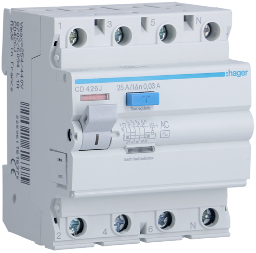 Диференціальне реле Hager CD426J 4P 25A 30mA АС