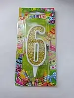Свеча цифра в торт "6" Happy Birthday, золото в белой окантовке, 7см.