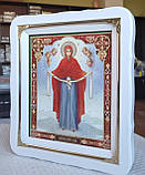 Ікона Покров Пресвята Богородиця у білому фігурному кіоті під склом, розмір кіота 30×26, сюжет 20×24., фото 4